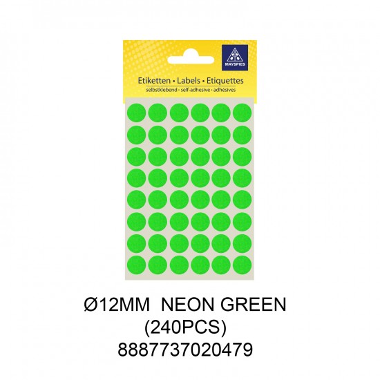 MAYSPIES MS012 COLOUR DOT LABEL / 5 SHEETS/PKT / 240PCS / ROUND 12MM NEON GREEN